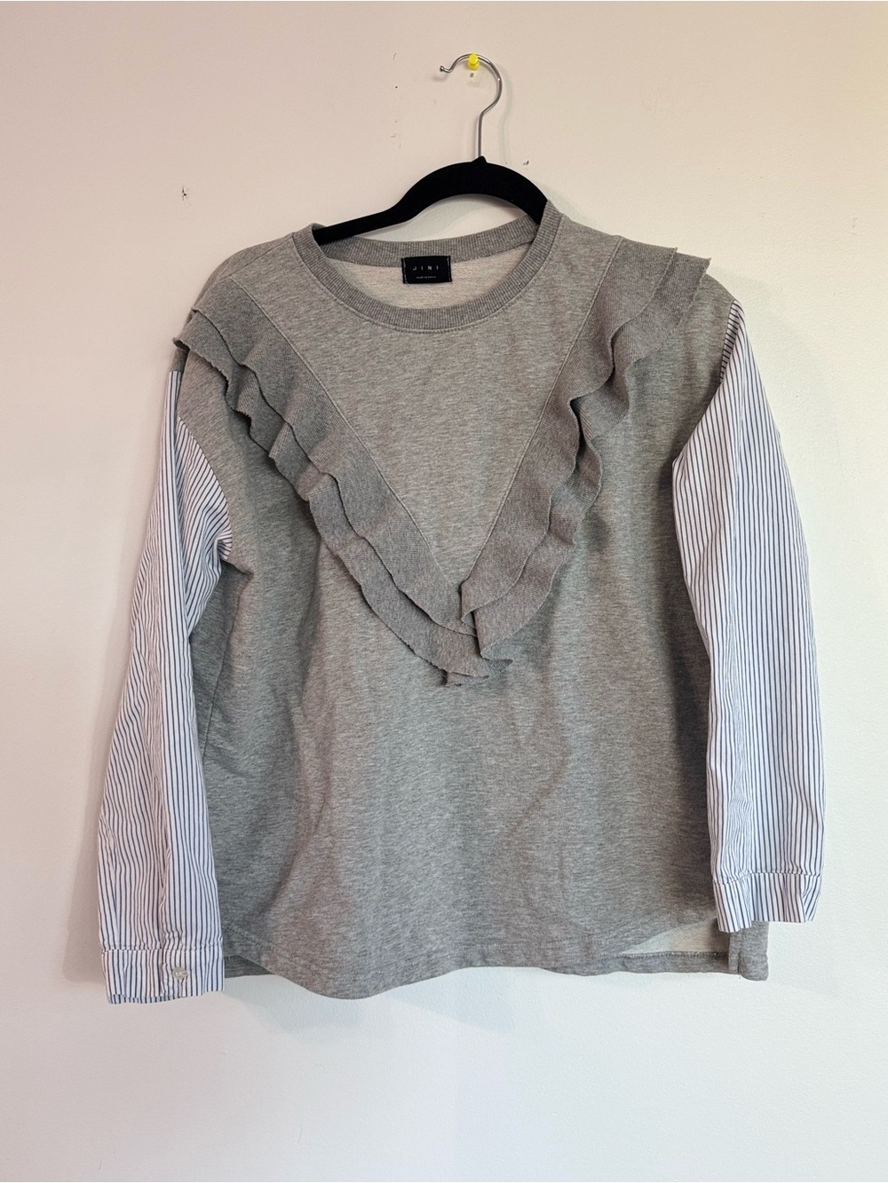 Light Gray Ruffle Sweatshirt Top with Striped Sleeves